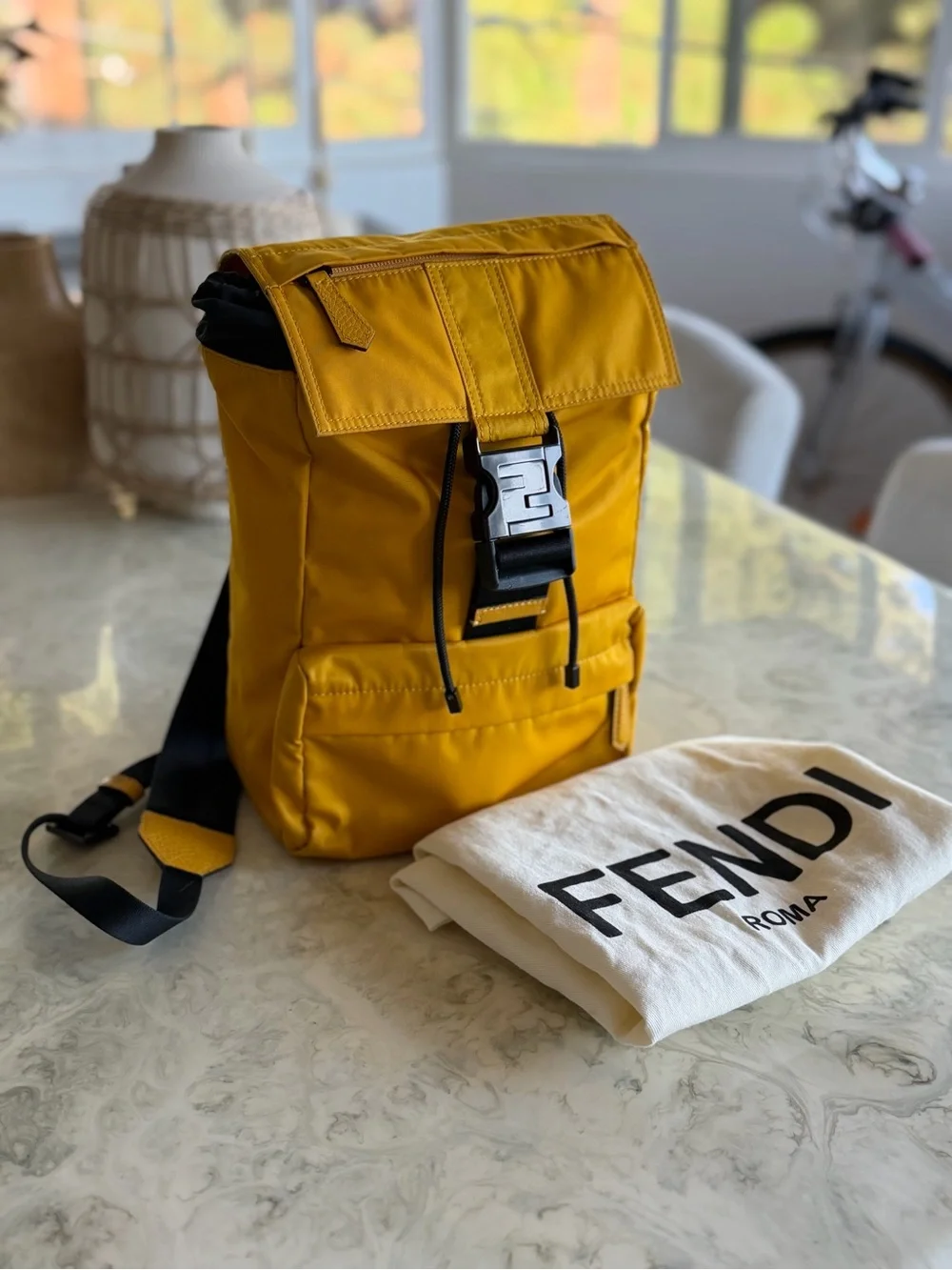 Fendi Men's Yellow Nylon sling back Backpack with FF Signature Buckle